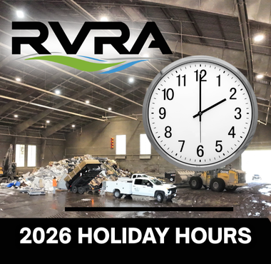 photo of a clock and trucks inside of a garage dumping garbage and the RVRA logo