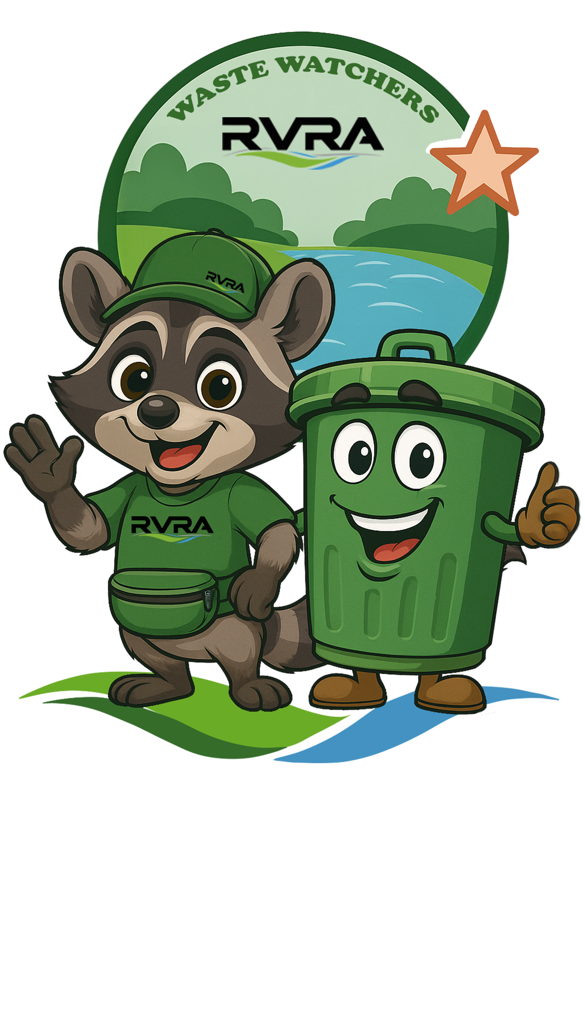cartoon raccoon and trash can smiling with text saying Waste Watcher