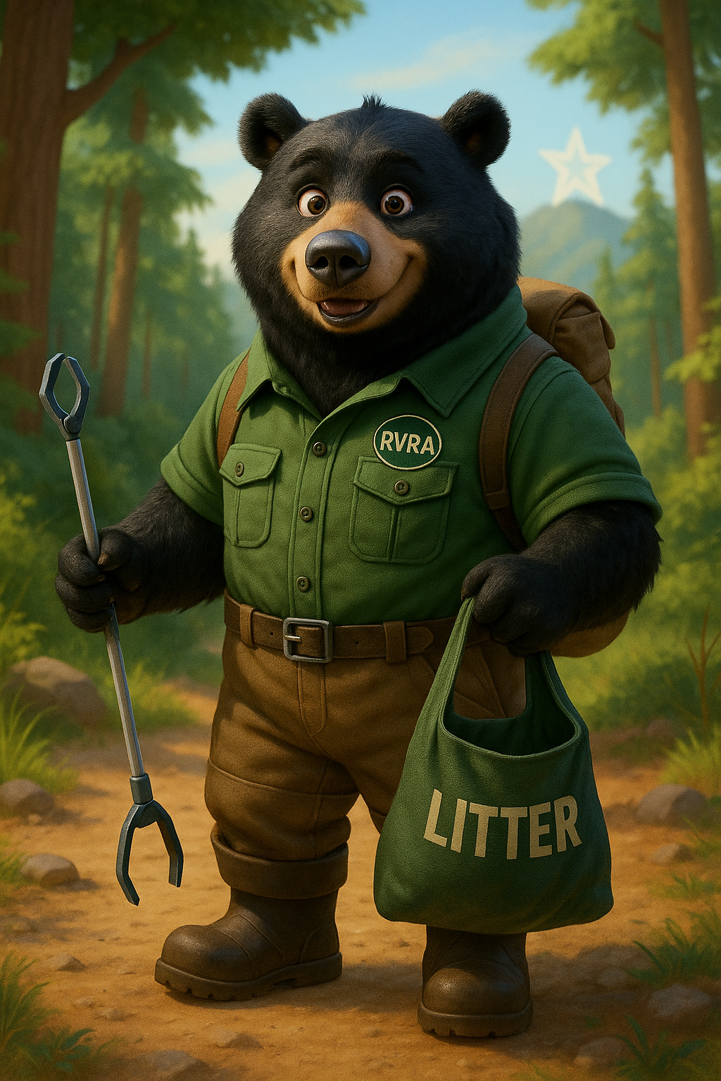 American Black Bear in a forest holding things to clean up - cartoon style
