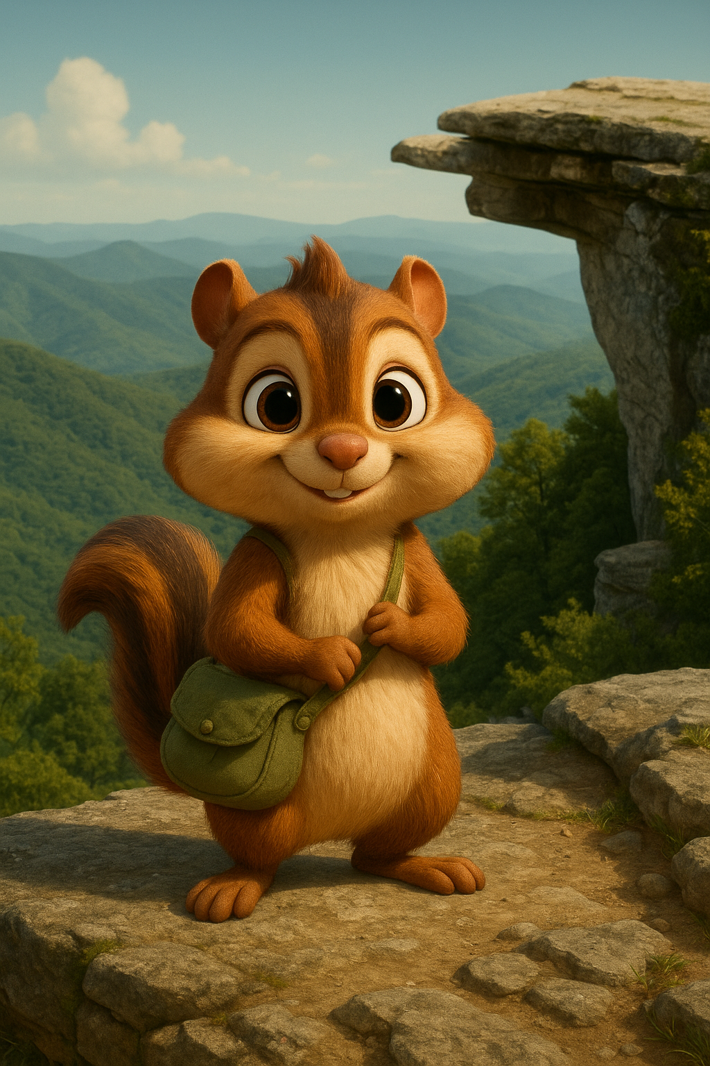 Cartoon chipmunk standing in front of McAfee Knob